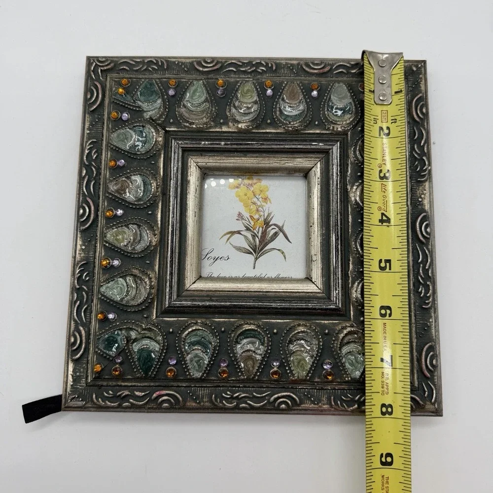 Decorative Jeweled 3x3 Photo Frame Faux Malachite Rhinestone Tabletop Wall Decor